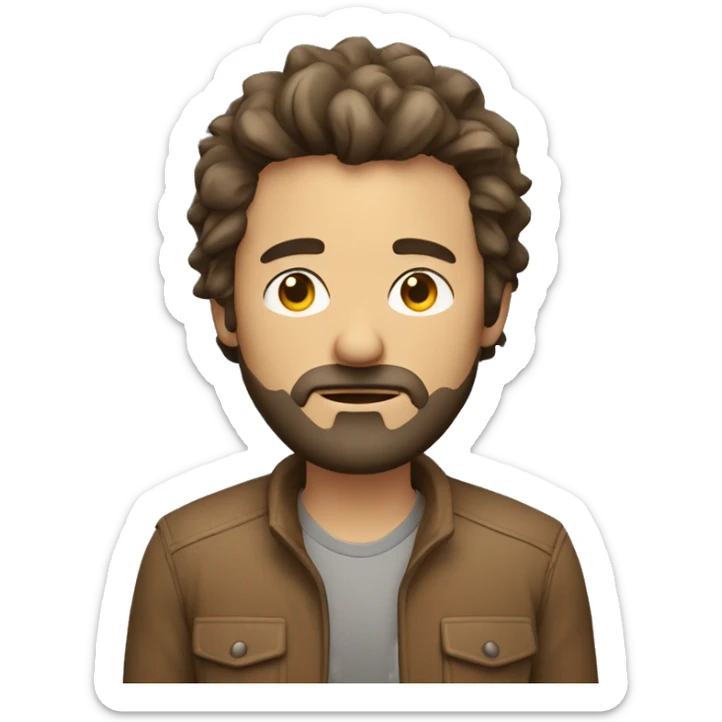 Funny looking man with short straigh, messy hair and scruffy beard. He looks tired. Wears a brown jacket, no tie. sticker
