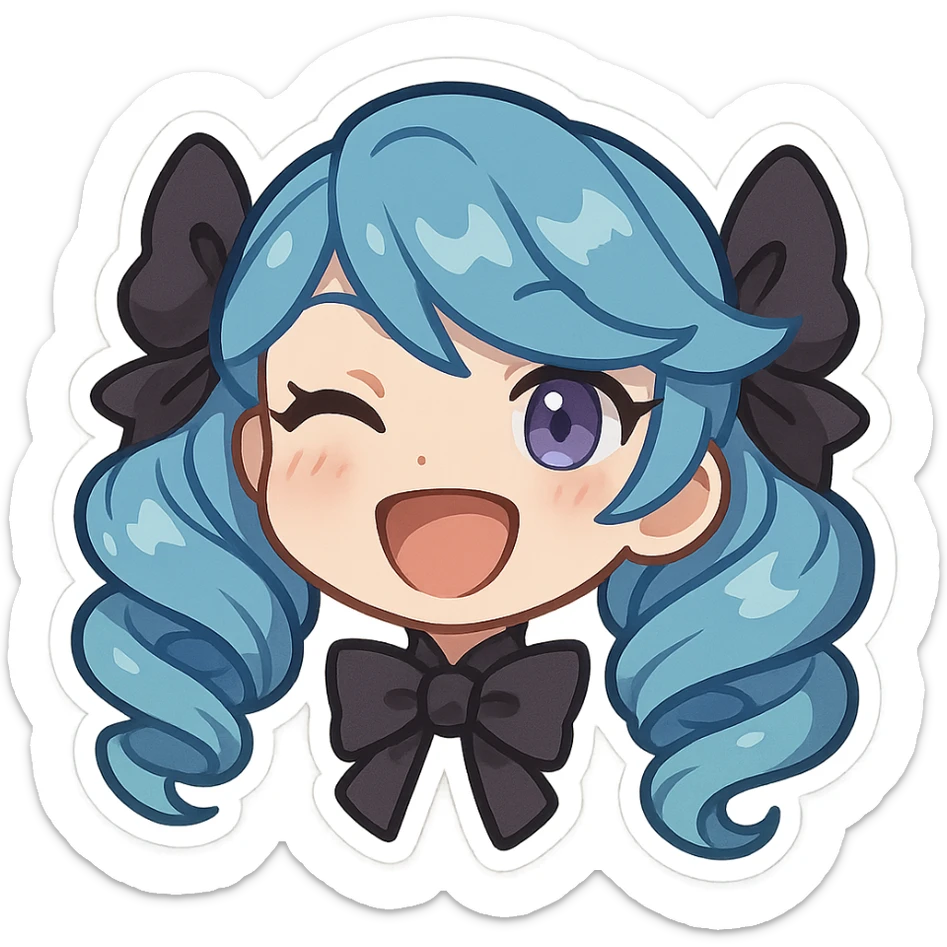 Gwen from League of Legends, chibi style, just the head, right eye purple, laughing expression sticker