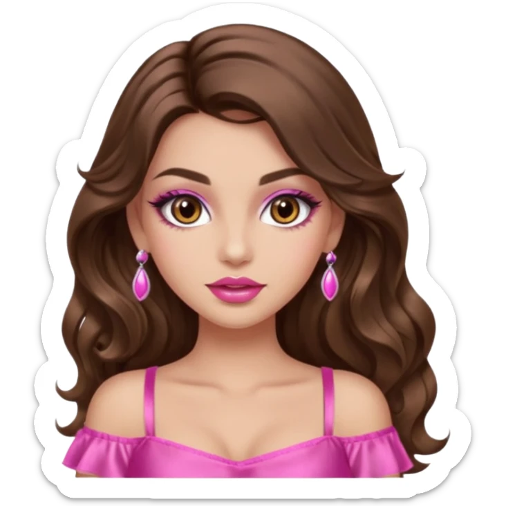girl with long wavy brown hair, brown eyes, long lashes makeup, sexy pink lips, light to medium complexion, wearing a pink sexy top sticker
