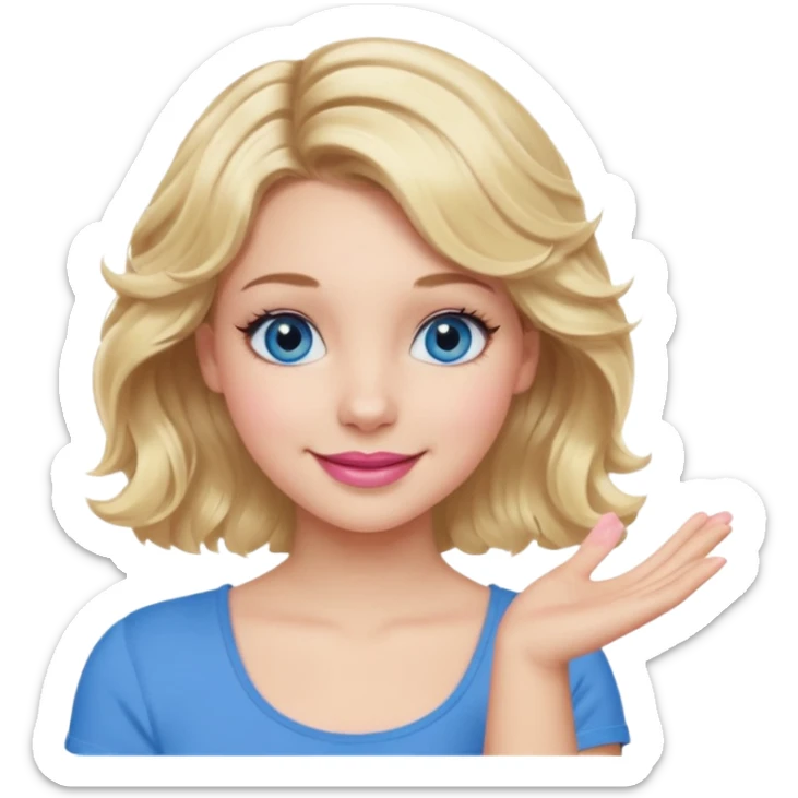 Girl Blonde short wavy hair,  blue eyes, cute blue top, long lashes, pink lips, smiling, one hand 🤷🏼‍♀️  sticker
