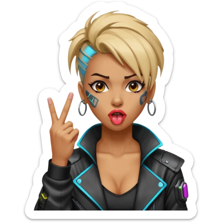 Woman with her tongue out in cyberpunk clothing and giving the middle finger. Looking naughty. sticker