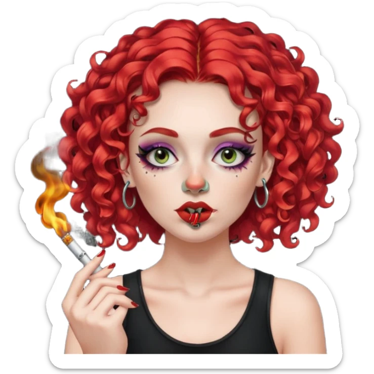 bright red curly hair alt girl with dark makeup and gauged septum, eyebrow and nose piercings smoking weed sticker
