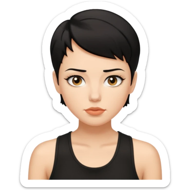 a white woman with short tomboy black hair with beauty spot on top of her lip wearing men's black tank top sticker