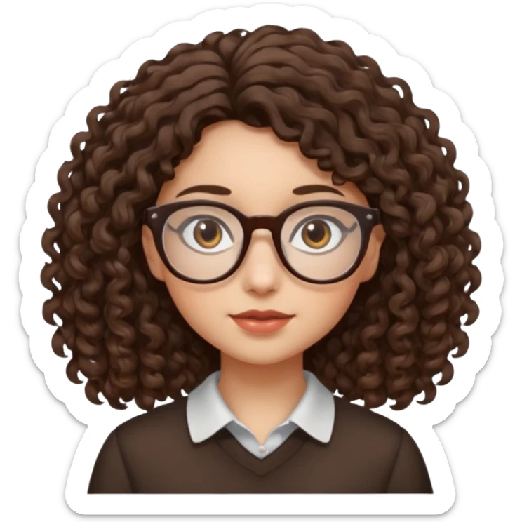 A girl has fair skin curly to wavy dark brown hair, has glasses and almond brown eyes sticker