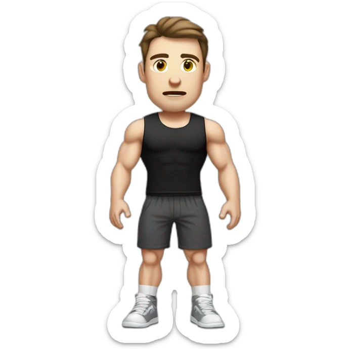 Confused Pale skinned Fit Man With the biceps and dark brown hair in black shirt, gray sports shorts and white Sneakers sticker