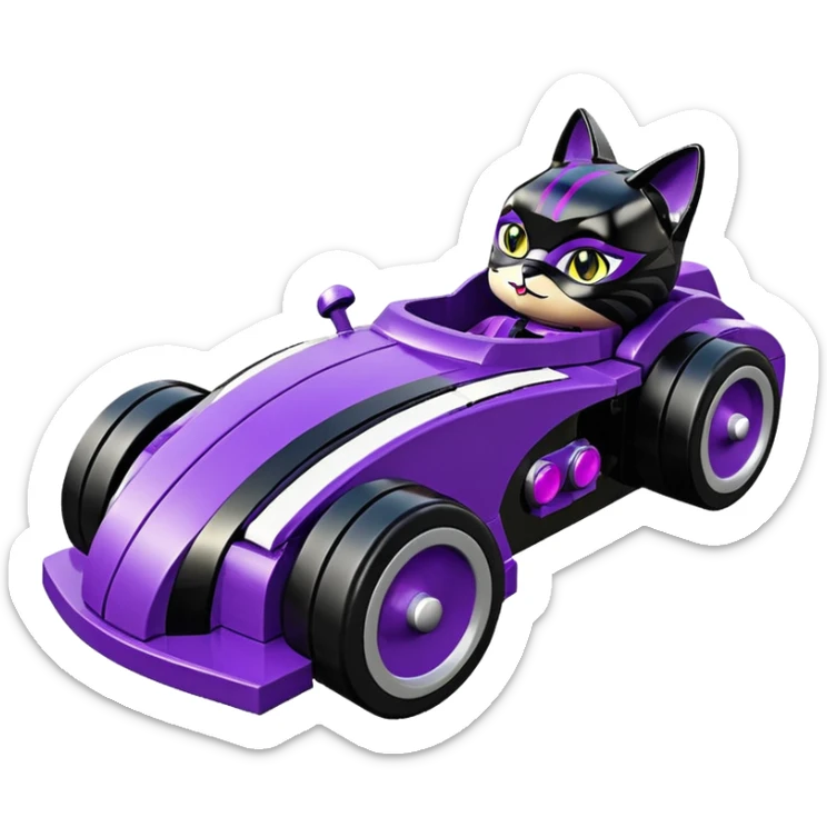 Hot rod Lego Cat Woman’s sporty futuristic pursuit mobile two seater car  sticker