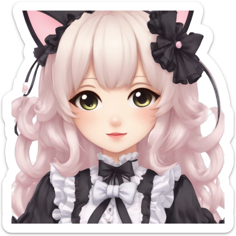 Gorgeous gothic Lolita anime style catgirl with blushing face with maid outfit laces headdress idol model kawaiicore pastelcore cottagecore pearly petite simplistic aesthetic trending style sticker