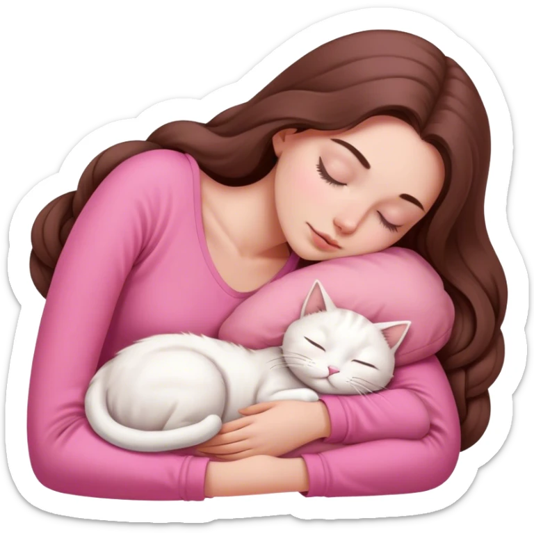 A pretty white girl with very long brown hair and pink clothing sleeping curled up to a white cat  sticker