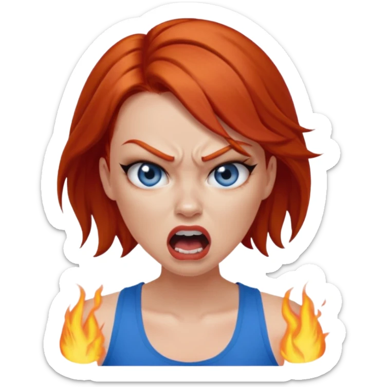 mujer pelirroja con los ojos y los labios maquillados enojada gritando con musculosa azul sticker