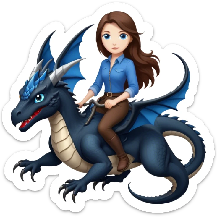 Me, a white female with long brown hair, and blue eyes, riding a black Wyvern with a tiny bit of red, that has only two back legs, to your work sticker