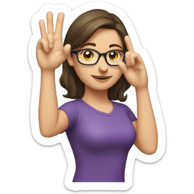 a caucasian brunette female, wearing a purple t-shirt and glasses, making the military salute gesture with her hand next to her head sticker