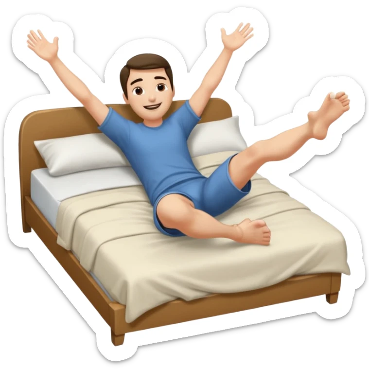 A man in bed laying down under covers kicking feet because excited to sleep arms are down and he is smiling with eyes closed and feet are kicking in air. sticker