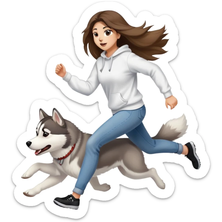 The husky is running in front, and a beautiful girl with long hair wearing a white sweatshirt and jeans is chasing behind. sticker