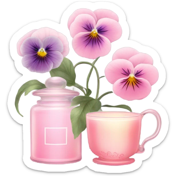 A cozy aesthetic: a pink candle in a glass jar, pastel pink pansies, a vintage perfume bottle, and a cup of steaming tea. sticker