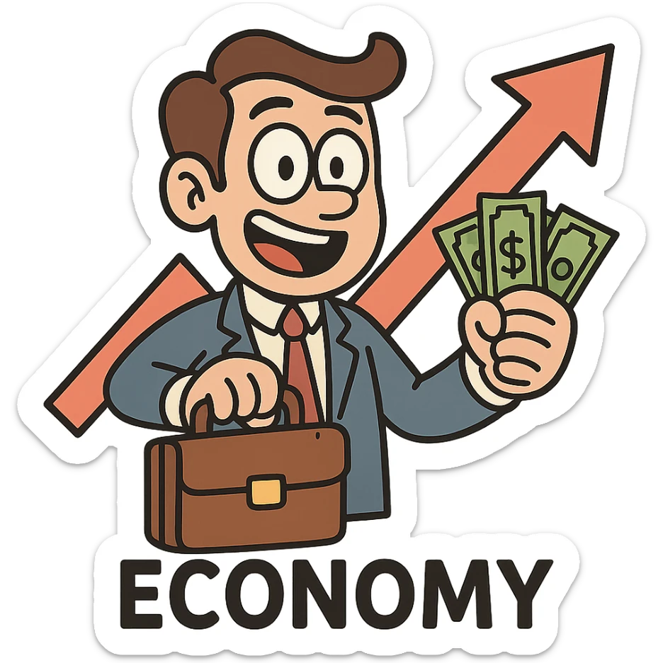 cartoon style icon for economy, with a briefcase, money, and upward arrow sticker