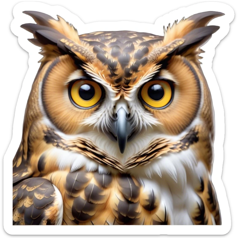 Cinematic Noble Great Horned Owl Portrait Emoji, Poised and regal, with a commanding, broad build and a richly mottled plumage of grays, whites, and subtle browns, deep-set soulful golden eyes, Simplified yet sharp and sophisticated features, highly detailed, glowing with a soft, dignified glow, high shine, intelligent and enigmatic, stylized with an air of nocturnal majesty, focused and attentive, soft glowing outline, capturing the essence of a watchful and confident raptor, so majestic it feels as though it could silently swoop out of the screen with effortless authority! sticker