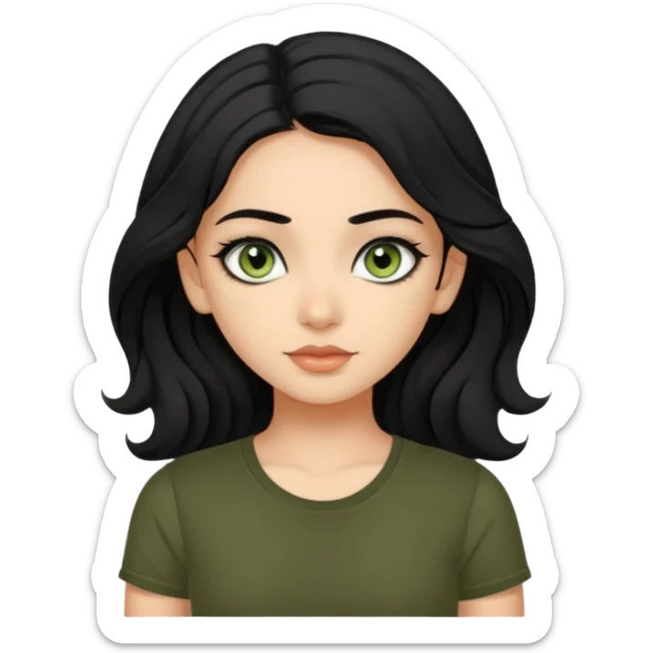 a pretty FAIR indian bratz girl with wavy black hair, wearing a black tshirt. eyeliner on, olive green eyes.  sticker