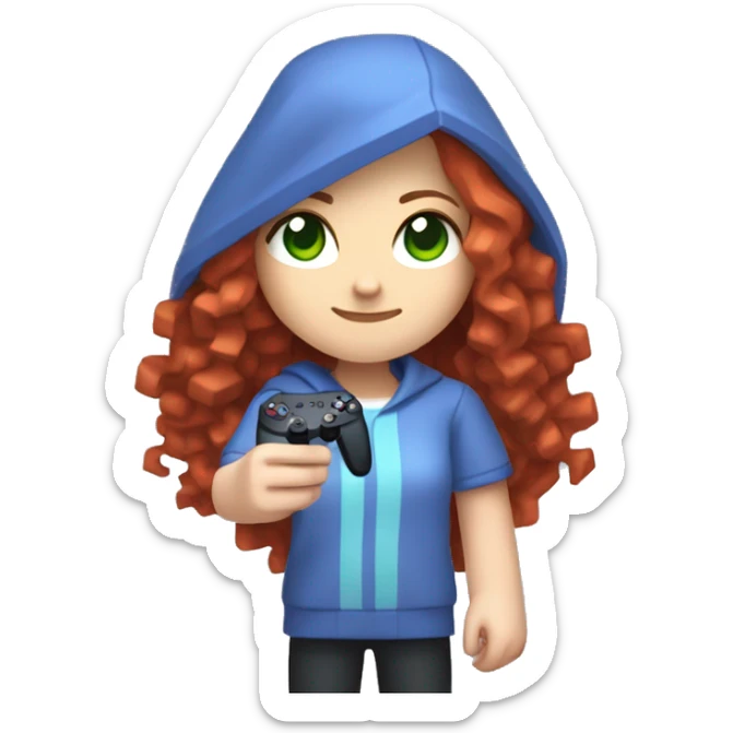 a white girl with long red curly hair, wearing periwinkle Minecraft hoodie holding a controller sticker