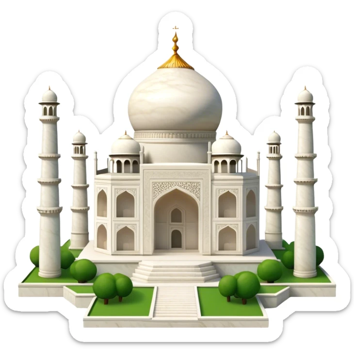 Cinematic Realistic Taj Mahal Landmark Emoji, depicted as the iconic marble mausoleum set amidst lush gardens rendered with intricate detail and ethereal, soft lighting. sticker
