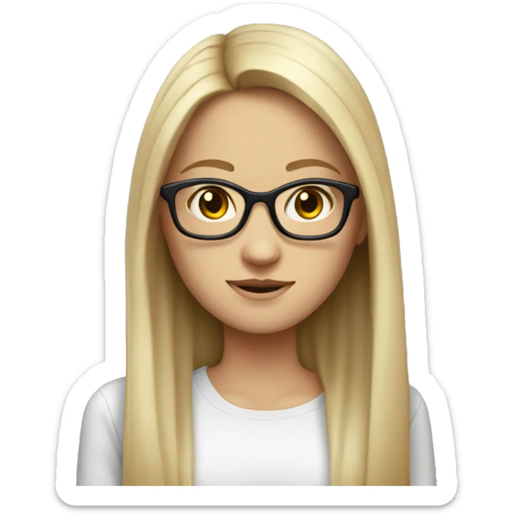 white girl with back straight long hair, brown eyes, glasses sticker