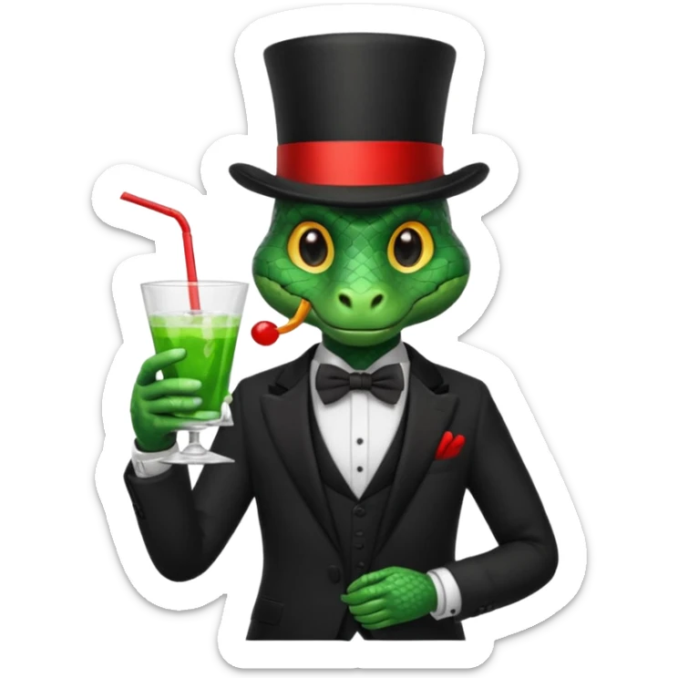 snake wearing suit, bowtie and top hat, holding a glass of green drink sticker