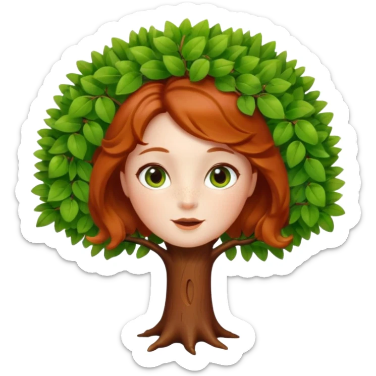 Un petit sapin vert sylvestre, féminin, regard malicieux, tâches de rousseurs délicates, joues roses. Yeux de biche brillants en forme amande, yeux couleur ambre, tronc couleur acajou. Sapin en mouvement, incurvé pour un effet vivant. Style memoji. sticker