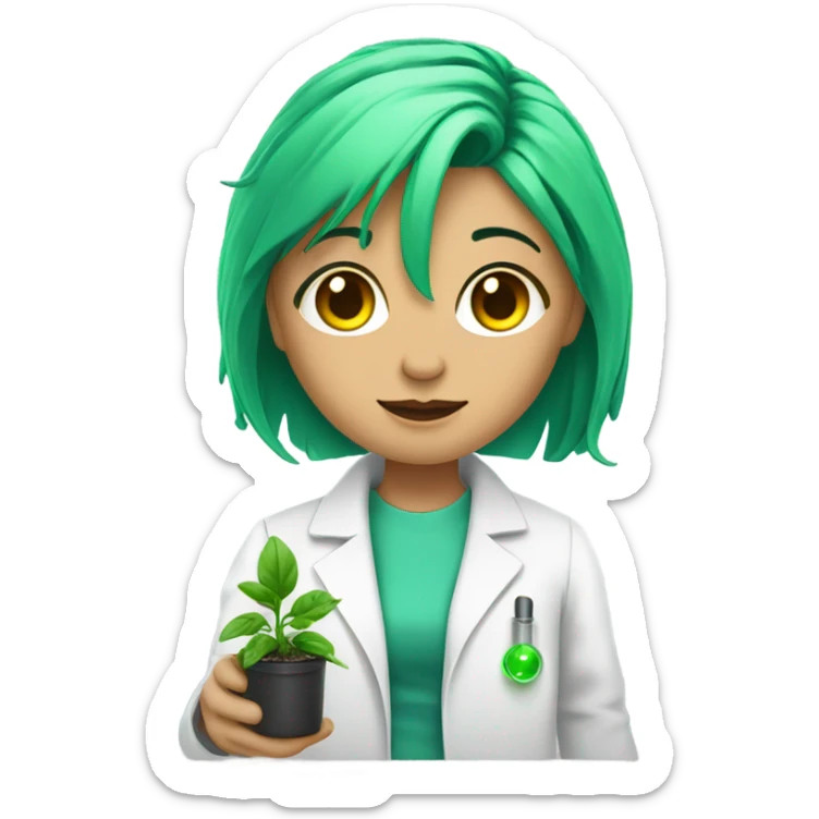 cybernetic scientist wearing a lab coat and holding a small plant, woman with green hair, undercut hair cut sticker