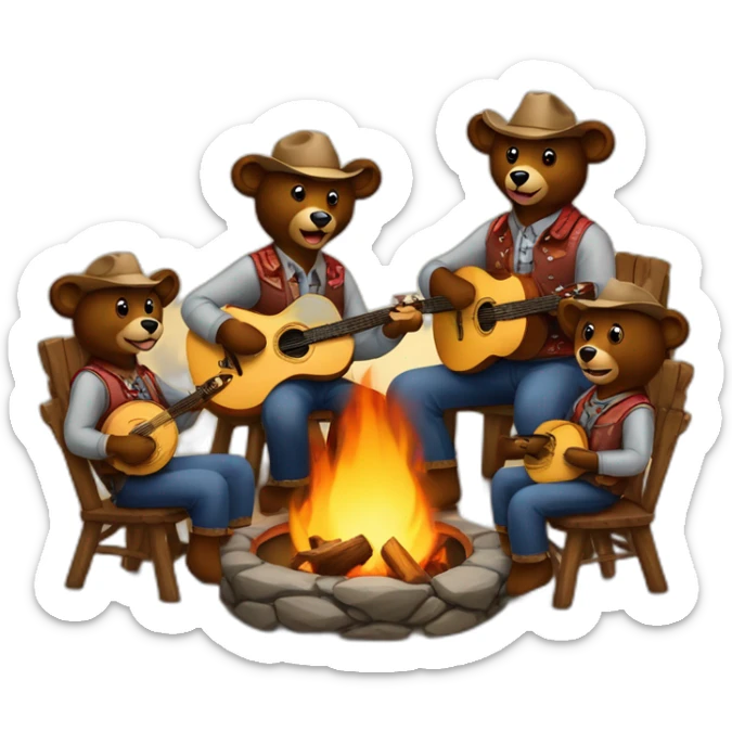 family of 5 bears in country western attire playing banjos sitting around a firepit sticker