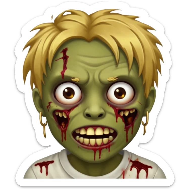 Brown-skinned zombie with messy gold hair, wide centered brown eyes, dark bloody marks under the eyes, and a slightly open mouth showing crooked teeth grillz, giving a distressed, undead look. sticker