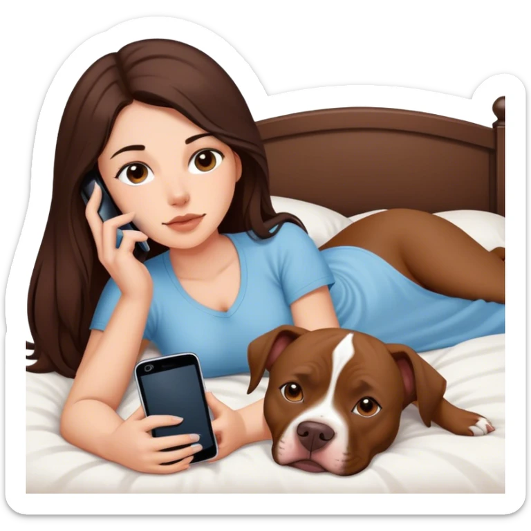 Girl long dark brown hair layed on her bed with her cell phone and her brown pit bull lays guarding her sticker