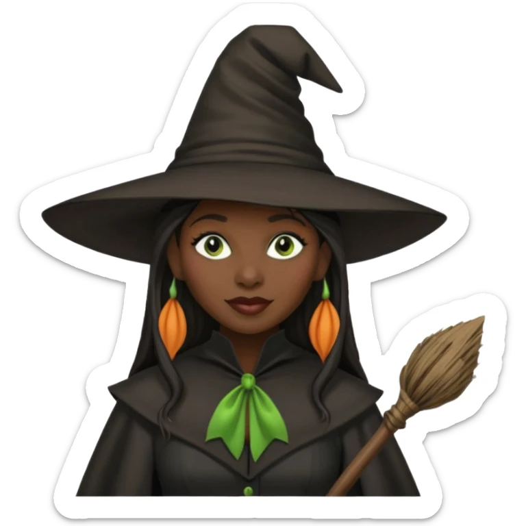 elphaba the wicked witch from wicked movie (cynthia erivo) dark long hair, thick lips, witch hat, broom sticker