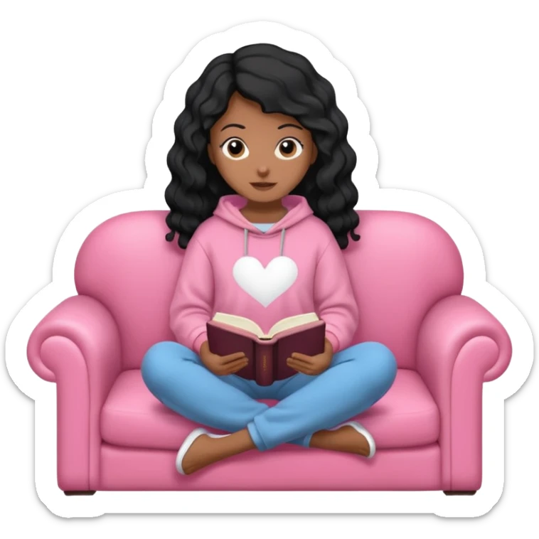 Una chica linda de cabello negro con ondas hasta los hombros de piel blanca con una sudadera rosa en un sofá cómodo y hermoso leyendo la biblia sticker