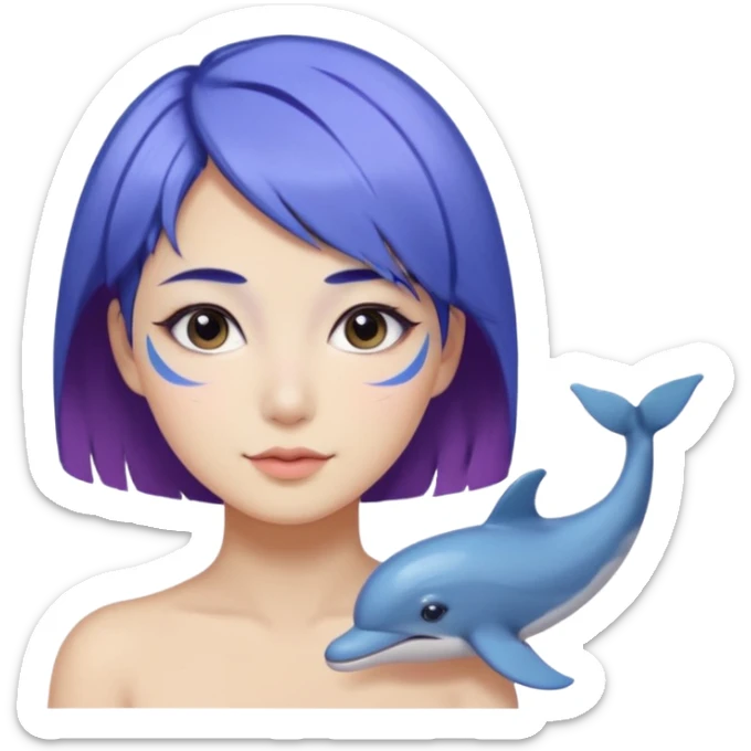 Frost wizard woman short blue violet hair and cheek painted with a dolphin below eye with Asian eyes sticker