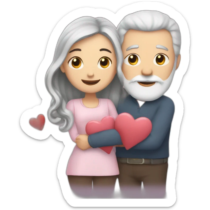 Man with gray hair and white beard hugs woman with dark brown hair with floating hearts sticker