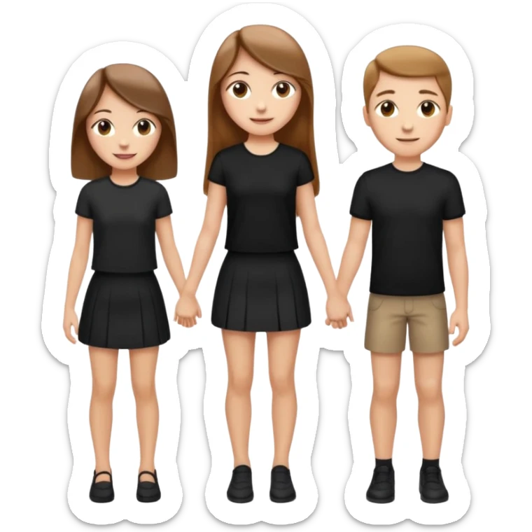emoji of a girl with long, straight light brown hair, fair skin, soft brown eyes. Wearing a stylish black top and mini skirt. Full-height, standing confidently with shoulders back, head up, smiling proudly. Surrounded by 3men and one woman next to her, holding hands. sticker