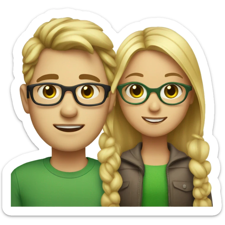 blonde girl with green eyes and glasses next to a guy with brown hair and brown eyes sticker