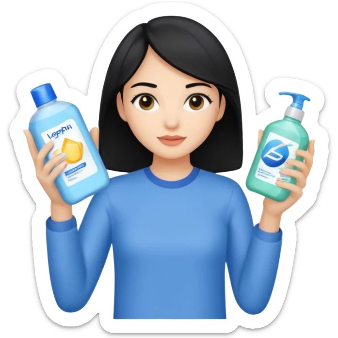 Generate a light-skinned girl with black hair who takes skincare. On the left hand side, she holds a detergent in her hand, and on the right hand side on the sheath, it is the one she applied. sticker