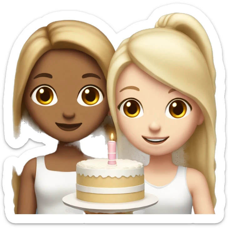 Girl with long blond hair and white girl with brown straight hair are holding big white cake sticker