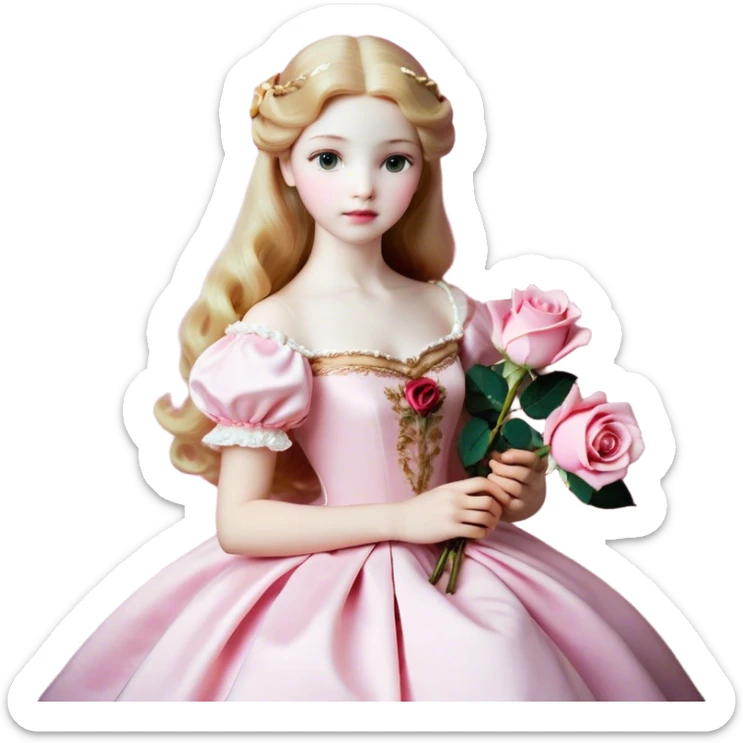 Cinematic Realistic Sleeping Beauty (Aurora) Portrait, with porcelain-like skin featuring a natural rosy flush, illuminated by soft lighting that highlights the gentle contours of her face. Her golden blonde hair flows in soft, detailed waves with subtle highlights that shimmer in the light. Her deep violet-blue eyes radiate warmth and innocence, framed by arched brows and long lashes. With a soft, serene smile, she holds a delicate rose gently in one hand, her other hand resting lightly by her side. She is dressed in her classic pink gown, the fabric rich in texture with delicate folds that catch the light. A golden crown rests atop her head, gleaming with royal refinement. The portrait captures a soft, glowing aura, blending realism with an ethereal sense of beauty and timeless enchantment. sticker