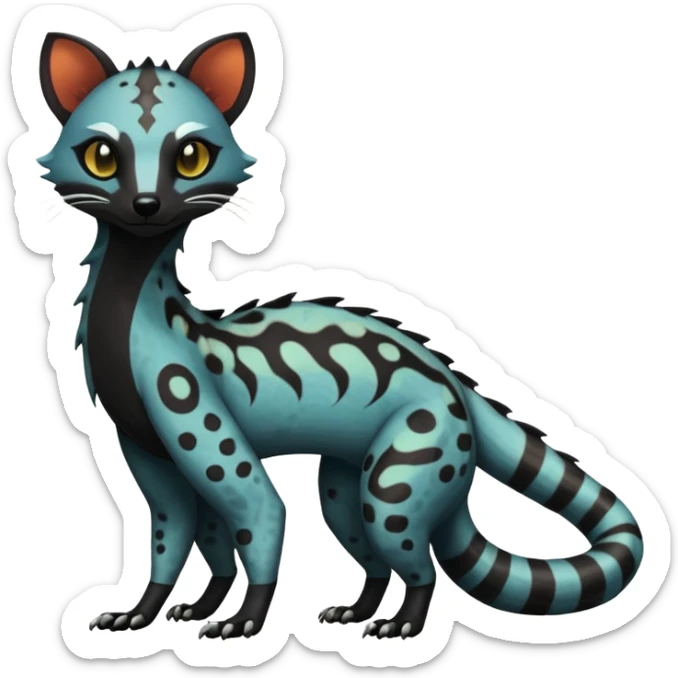 Rare warm-colored exotic edgy epic aesthetic spooky dark modern colorful cyber-Genet-Trico-Salandit-Civet-species-Fakemon-hybrid-creature, with beautiful intricate markings, full body sticker