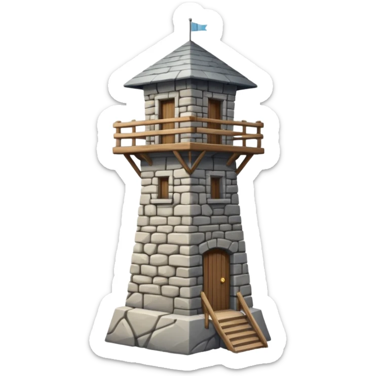 A tall stone watchtower with wooden balcony near the top. sticker