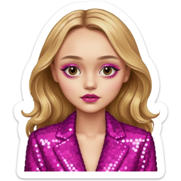 Lily-Rose Depp with long golden blonde hair, dark pink sequin outfit, makeup sticker