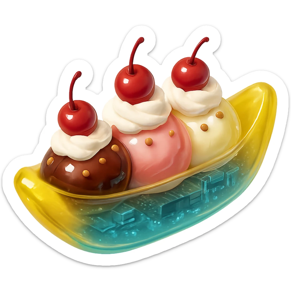 3D glossy ice cream sundae banana split style with three scoops, whipped cream, nuts, cherries, shiny highlights sticker