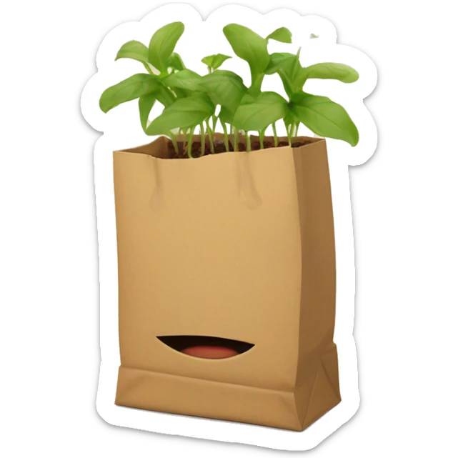 paper bag with baby plants sprouting outward from the outside of the bag, growing from the paper sticker