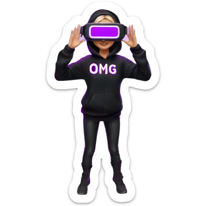 Russian girl wearing black hoody with violet letters "OMG", in vr headset oculus quest2. Standing like jedi. Cyberpunk style. Violet neon. sticker