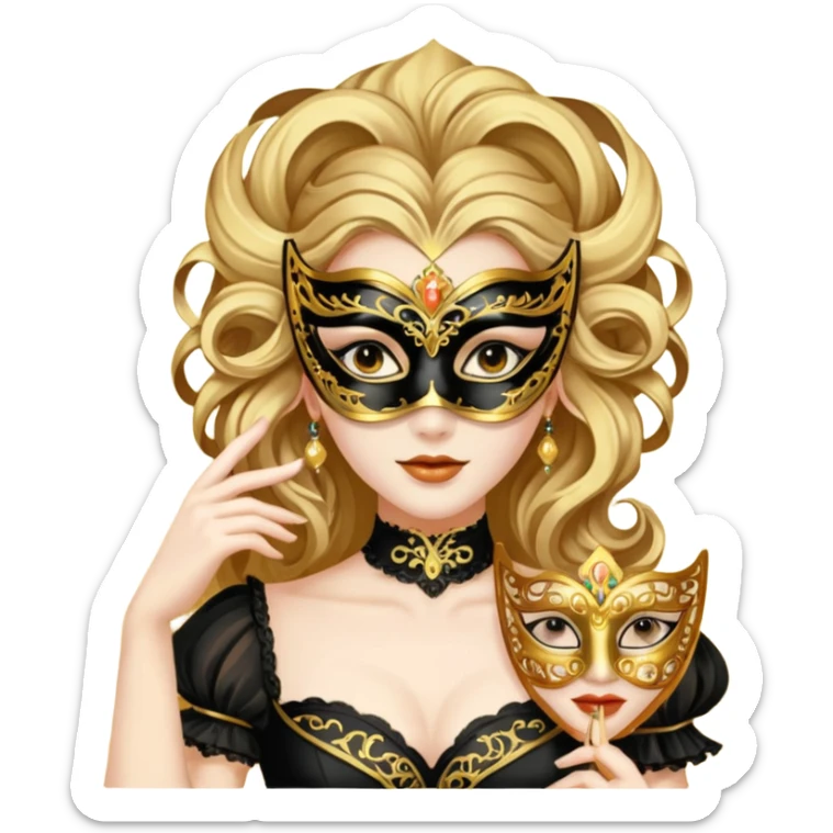 A woman in an ornate gold masquerade mask and elegant outfit, holding the mask delicately. sticker