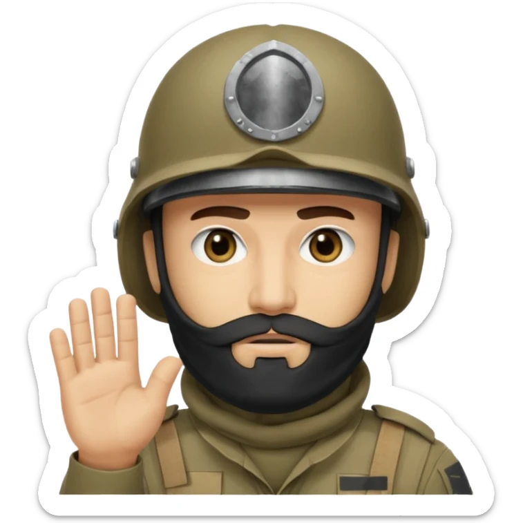 surrenders, depicts an Iraqi soldier from 1980, with a beard, in a helmet, a helmet without signs, with a balaclava, with sad eyes and raised hands sticker