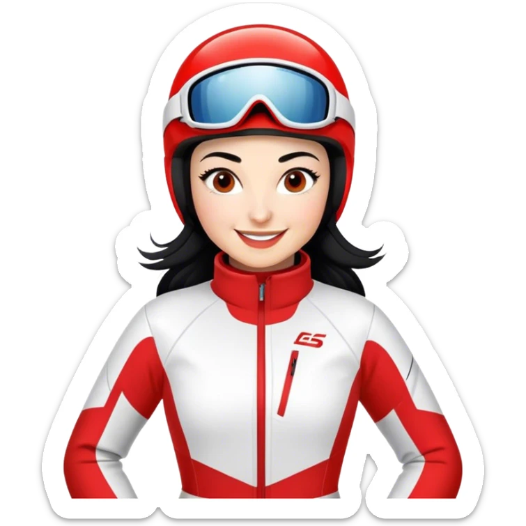 Ski racer downhill woman red white dress black hair smile sticker