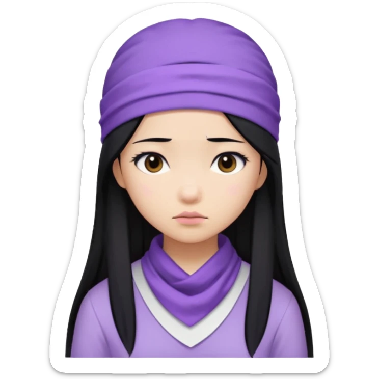 Asian girl, long straight hair, lilac bandana, white and lilac clothes, sad face sticker