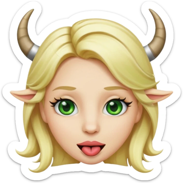 Emoji femme blonde cheveux blond, yeux vert avec de long cils noir qui a des cornes et tire la langue   sticker